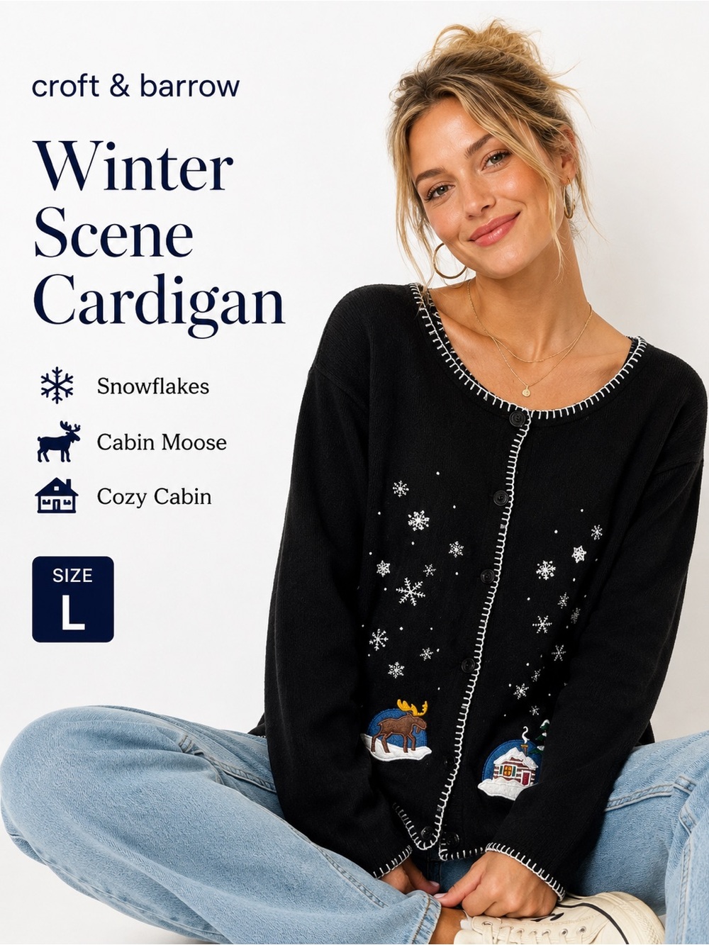 Croft & Barrow Winter Scene Cardigan Moose Cabin Snowflakes Black L